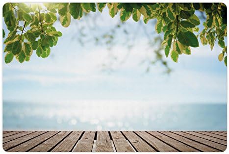 Tapete de animais de estimação da natureza lunarable para comida e água, Oceano do mar na praia do deck de madeira sob cena tropical do céu do Sun Leaf Sun, tapete de borracha sem deslizamento para cães e gatos, 18 x 12, samambaia verde azul pálido pálido