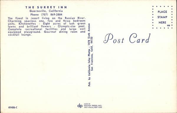 O cartão postal vintage original de Surrey Inn Guerneville, California CA