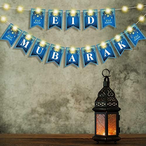 Eid Mubarak Paper Banner Eid Mubarak Bunting Banner com Modos de Flicker Light String Light 3 Fairy, Celebração Eid pendurada Decoração de Garland para material de festa do Ramadão Muslim