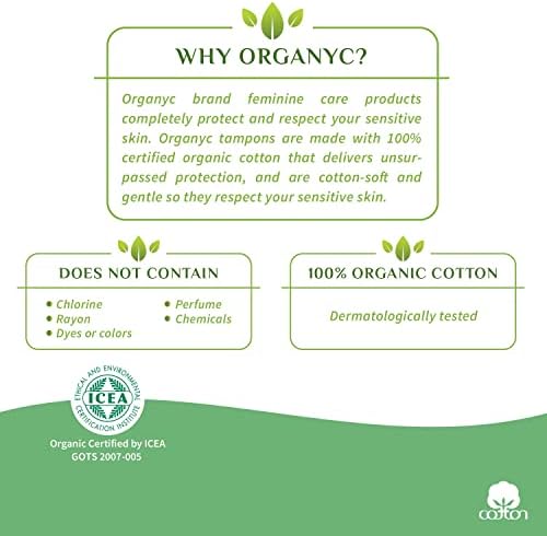 Organyc Certified Cotton Tampões, sem aplicador, livre de cloro, perfumes, rayon e produtos