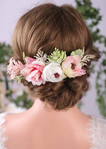 Anglacesmed Flor Flower Hair pente rosa Creme de rosa Capacete de broto para noivo Country Bride Floral Greath
