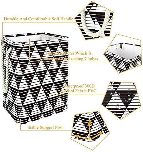 Triângulos abstratos Triângulos em preto e branco Padrão grande cesto de lavanderia com alça fácil de transporte,