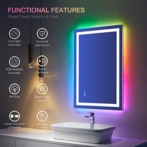 Loaao 28 x36 espelho de banheiro LED com luzes, anti-capa, diminuição, retroilumação RGB + iluminado dianteiro,