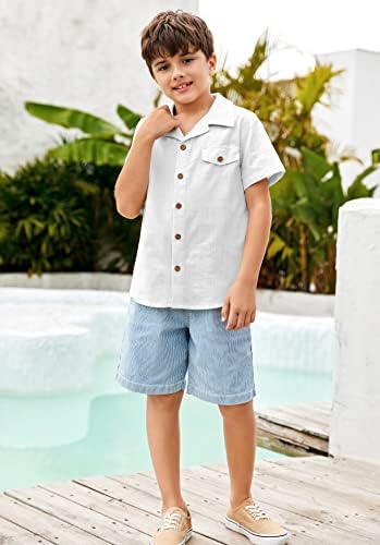 Camisas de linho para meninos de manga curta praia de verão infantil button abown colar colar