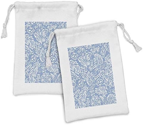 Ambesonne Phoenix Fabric bolsa Conjunto de 2, pássaro de estilo barroco em rococo clássico Rodadas estampas de damasco de folhas, pequeno saco de cordão para máscaras e favores de produtos de higiene pessoal, 9 x 6, azul pálido azul branco