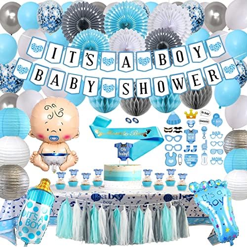 Decorações do chá de bebê para kit de menino - bandeira de chá de bebê, balões de papel alumínio, toppers de