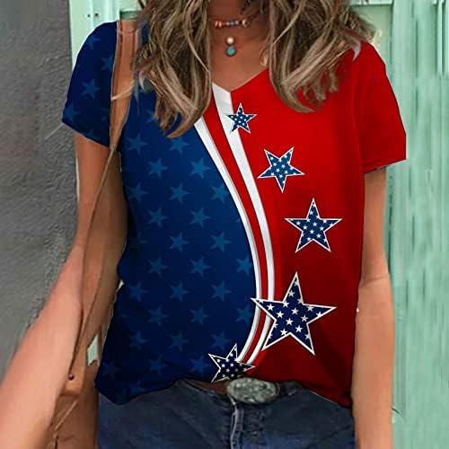 Camiseta do dia da independência para mulheres camisetas de impressão de bandeira americana v pescoço de manga