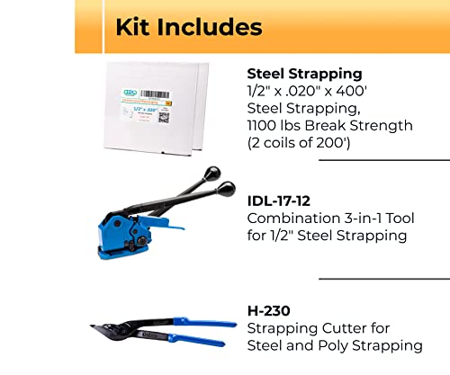 IDL Packaging Pro 1/2 x 400 'Kit de correção de aço, força de interrupção de 1100 lbs-com ferramenta