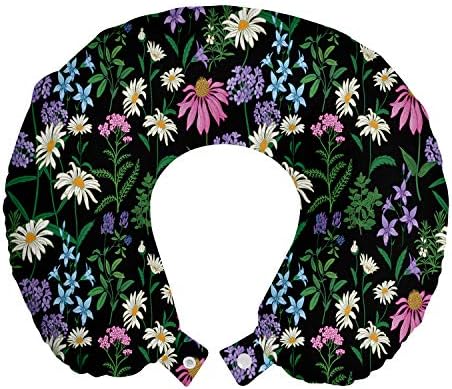 Ambesonne Floral Country Travel Pillow Neck Rest, composição colorida de florescer diferentes tipos de flores campo de prado, acessório de viagem de espuma de memória para avião e carro, 12 , Indigo Multicolor