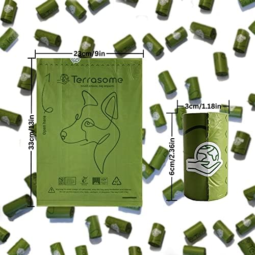 Sacos de cocô de cachorro Terrasome | À prova de vazamentos e mais espesso, com aroma de lavander, totalmente compostável e à base de vegetais | Sacos de resíduos de animais de estimação premium,