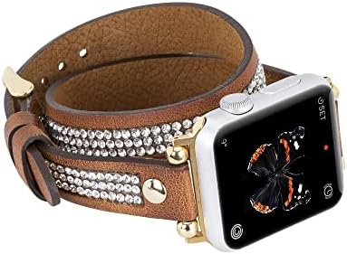 Venito Livorno Double Wrap Leather Slim Watch Band com strass compatíveis com Apple Watch 42mm, 44 mm,