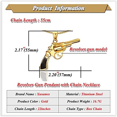 XUSAMSS 18K Gold Gold Titanium Steel Revolver Gun Colar de pingente, cadeia de caixas de 22 polegadas