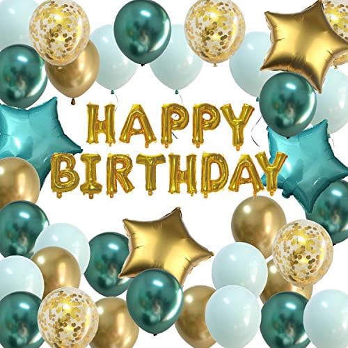 Decorações de aniversário Mint Green Gold - Feliz Aniversário Balões Chrome Green Set Bannner FOIL para crianças