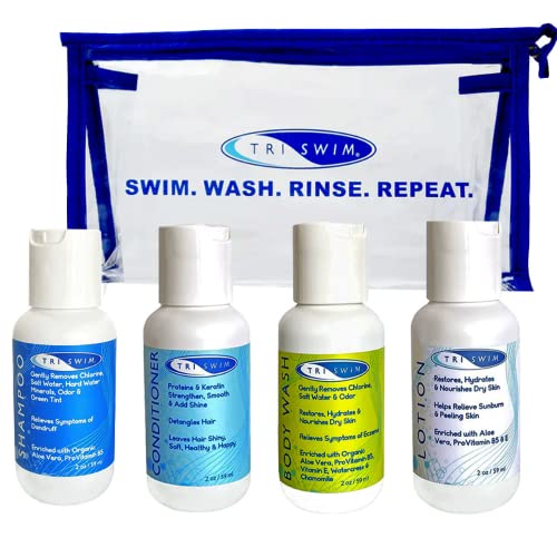 Triswim Shot Set Set Travel Set em bolsa de cosméticos com xampu, lavagem do corpo, loção e condicionador
