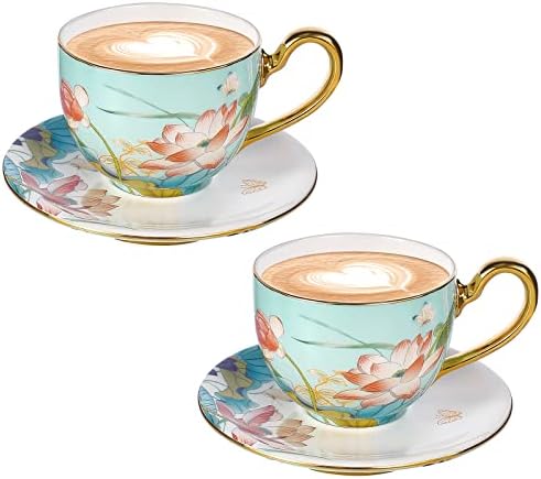 JunRutc Coffee Cups e pires Conjunto de 2, conjunto de copos de porcelana e pires, xícara de café floral com