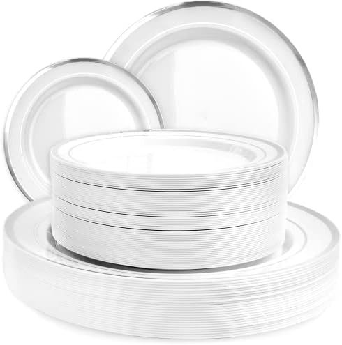 Aya's Cutlery Kingdom 100 Placas de plástico branco descartáveis ​​com acabamento em prata, 50 pratos plásticos