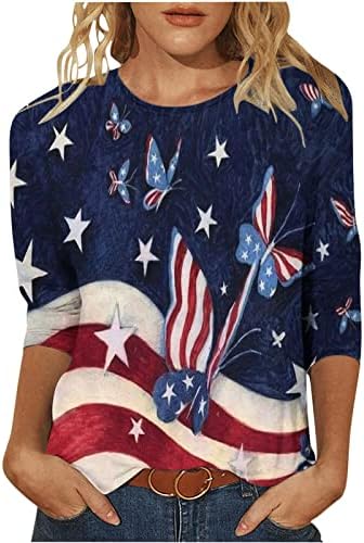 Camisas patrióticas femininas do rbculf Dia da independência do Dia da Independência Slim Fit O-Golago 3/4 Mangas Blusa Túps de túnica para 4 de julho