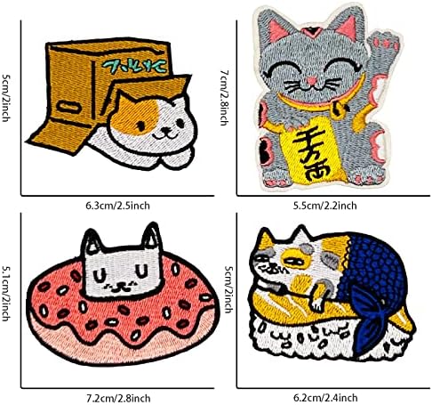 Qusmeiyici 4pcs desenho animado engraçado japonês lucky gato bordado remendos de apliques, costura /ferro em remendos para roupas, jaquetas, jeans, mochilas, chapéus, artes artesanal