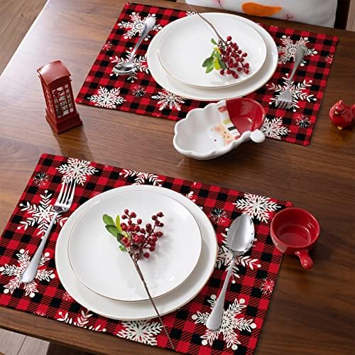 Placemats de Natal Conjunto de 4 tapetes de floco de neve de búfalo vermelho para búfalo para tapetes de mesa