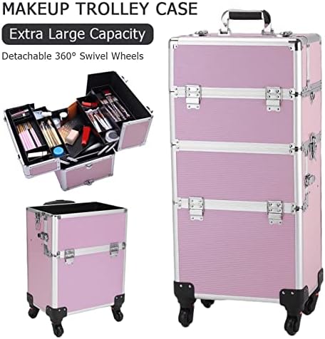 3 em 1 Alumínio Profissional Rolling Cosmetic Case Case compõe o carrinho de armazenamento de armazenamento de armazenamento, estojo de viagem de maquiagem com rodas, bandejas dobráveis ​​e compartimentos grandes, rosa