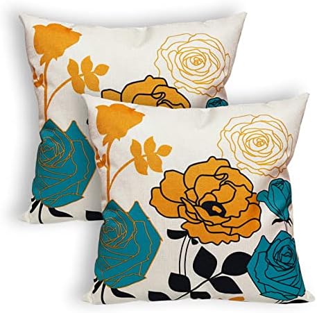 Alanroye azul amarelo ao ar livre capas de travesseiro de 18x18 polegadas para sofá Conjunto decorativo de 2 Florals