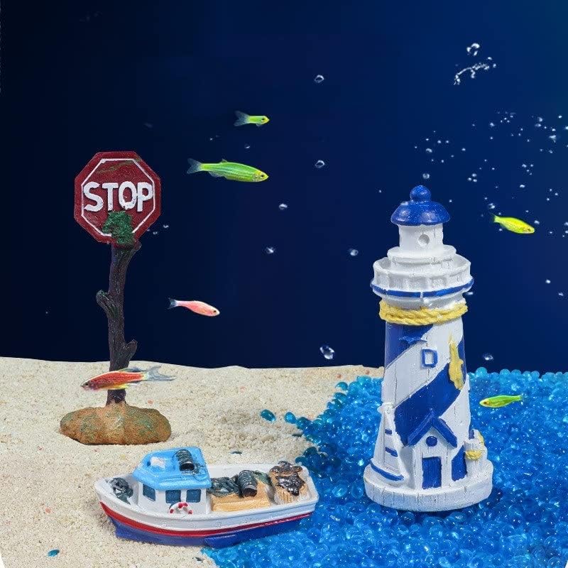 Batrc syxysm peix tank decorações de paisagismo ornamentos de farol de barcos de pesca sinais de aviso