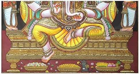 Índia exótica 57 x 69 Lord Ganesha Tanjore Pintura | Cores tradicionais com ouro 24K | Quadro