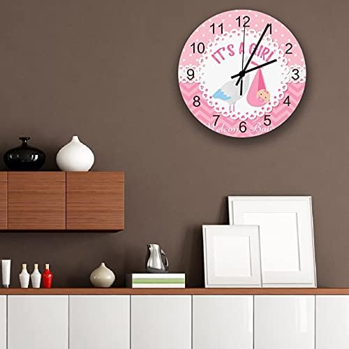 Vograud Wooden Relógio redondo relógio rosa Cegonha rosa com um fundo azul de bebê fofo Silencioso que