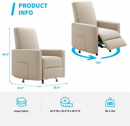 Cadeira de poltrona reclinável MJKONE com giro, cadeira giratória do berçário com bolsos de armazenamento lateral,