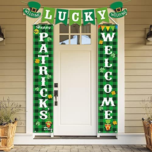 Decorações do dia de St Patricks ao ar livre, búfalo verde verificação xadrez de boas -vindas Banners