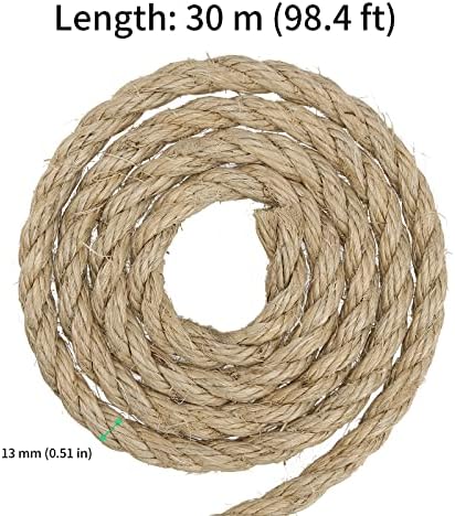 FUNSUEI 1/2 polegada x 100 pés corda de cânhamo natural, corda grossa de cânhamo, corda de juta natural torcida
