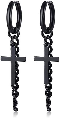 Cadeia transversal masculina Brincos pequenos de argola para homens mulheres aço inoxidável charme preto Tassel