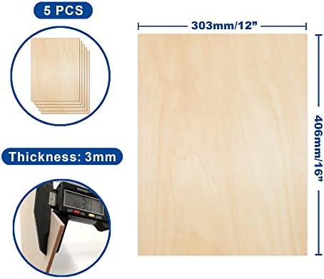 Plywood Sheet Board, uma grau, 16 x 12 x 1/8 polegada, 3mm de espessura, pacote de 5 inacabados para artesanato basswood por artesanato