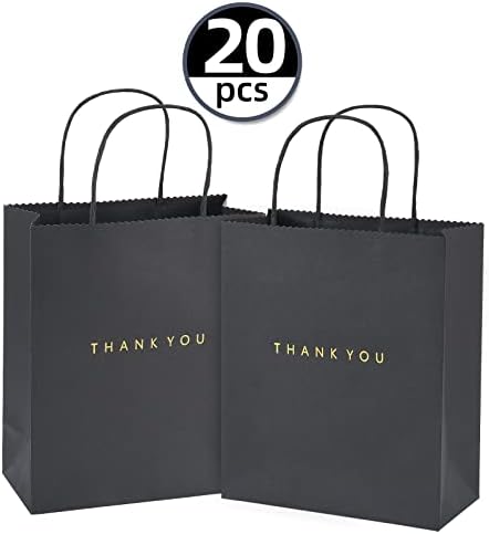 Uceoo obrigado bolsas de presente papel preto, 20 bolsas de presente pretas Kraft sacolas com alças 7,9 x 3,7