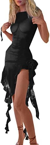 Vestidos de camisa míshui para mulheres suspensórios de manga curta vistos de pescoço de pescoço de cintura alta proposta de vestido irregular de fenda irracional
