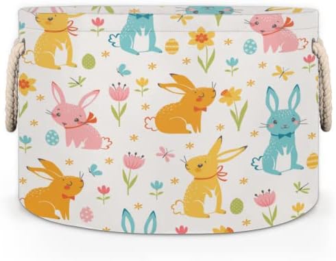 Animais coelhos e flores coloridas grandes cestas redondas para cestas de lavanderia de armazenamento