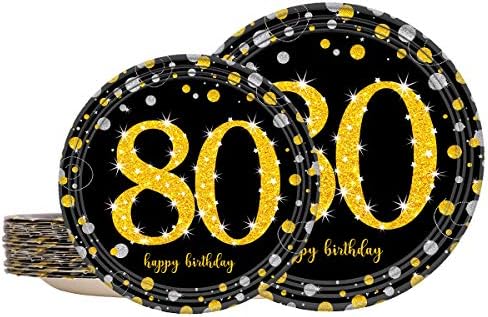 TRGOWAUL 80º Black and Gold Birthday Decorations Festa de festas definidos para mulheres ou homens, 24 placas