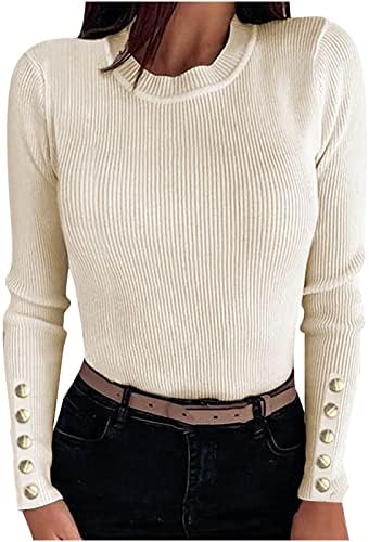 Botão do pescoço da tripulação do Womens Chic Sweater Sweater Slim Slim Fit Sollover sólido Tops de jumper