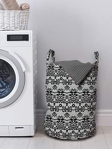 Bolsa de lavanderia em preto e branco de Ambesonne, padrão de renda monocromática com motivos