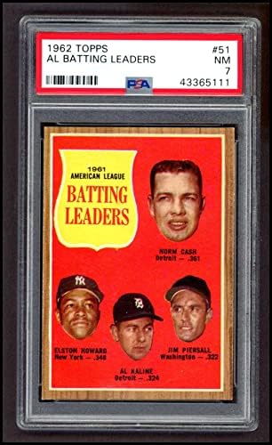 1962 TOPPS # 51 AL líderes de rebatidas Al Kaline/Norm Cash/Elston Howard/Jimmy Piersall Tigers/Yankees/Senadores PSA PSA 7.00 Tigres/Yankees/Senadores
