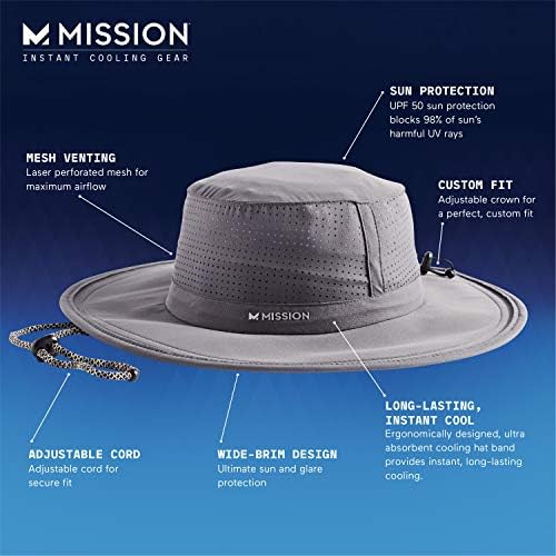 Missão Refrigeração de Booney Hat- Upf 50, 3 ”de largura, ajuste ajustável, design de malha para fluxo de ar máximo e esfria quando molhado