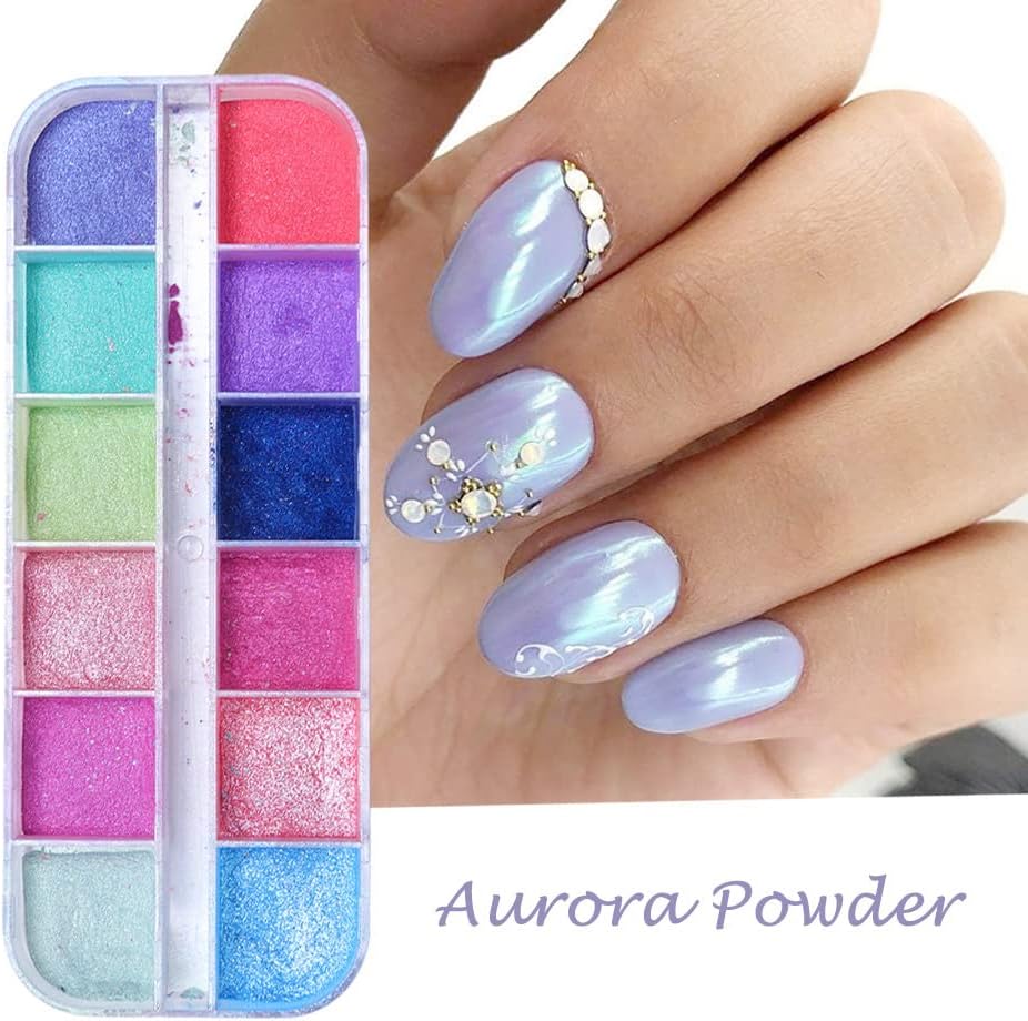 Pearlescent Chrome Power Power holográfico Aurora Moonlight Manicure Pigment 12 Cores Magic espelho Efeito