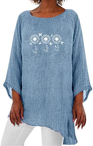Camisa de linho para mulheres, estampa de flor 3/4 de mangas no pescoço redondo camisetas de blusa