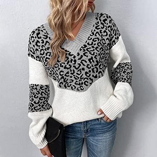 Suéteres de pulôver feminino outono de cor sólida coloração de retalhos de retalhos de leopardo de manga longa