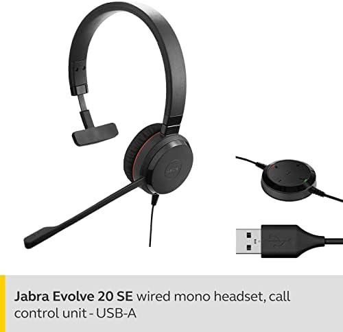 Jabra Evolve 20 SE UC MONO Headset-fones de ouvido de comunicações unificadas para softphone VoIP com cancelamento de ruído passivo-cabo USB-A com controlador-preto