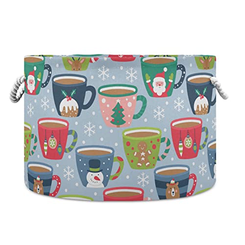 Kigai Christmas Padrão de chá de xícara de armazenamento grande e redondo com alça, cestas de lavanderia