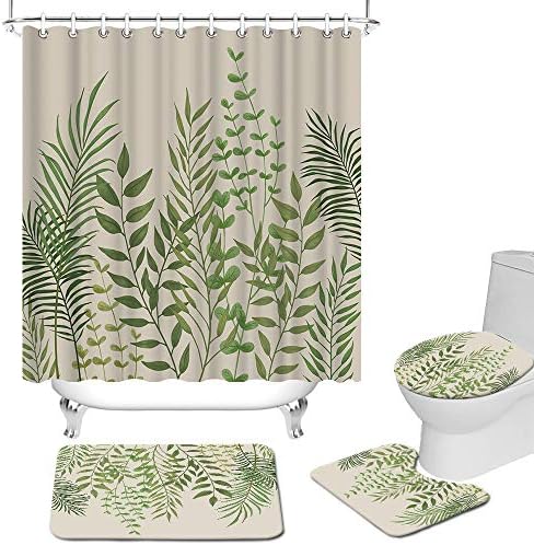 Ryounoart 4 pcs folhas verdes cortina de chuveiro conjunto com tapetes e acessórios Cortina de chuveiro