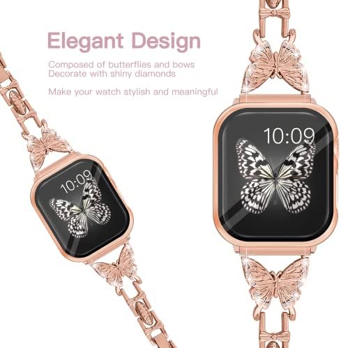 Wipalor Compatível com a série 8 7 Apple Watch Band 45mm+Rose Gold Case, leve para mulheres, pulseira fácil ajustável, diamante brilhante na borboleta, cinta de metal de jóias para Iwatch Series 8 7