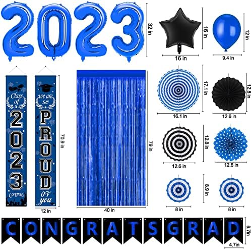 2023 Decorações de festa de formatura, kits de decoração de formatura pretos e azuis incluem banners e balões,