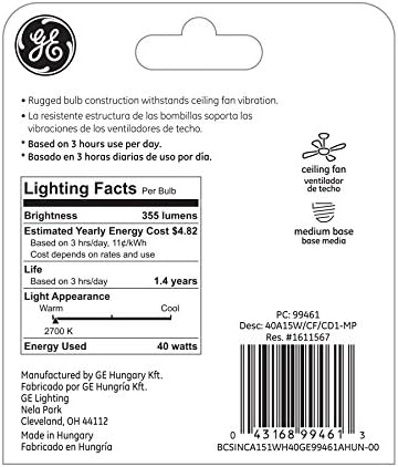 Iluminação GE GE Incandescente A15 Lâmpadas, 40 watts, 355 lúmen, base média, branca macia, lâmpadas